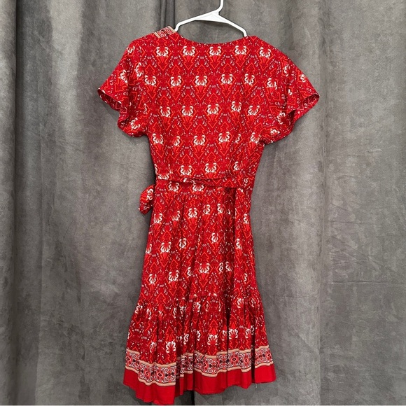 Boho Wrap Dress Red Floral V-Neck Flutter Sleeve Ruffle Hem Cottagecore S FLOWY - Picture 12 of 13